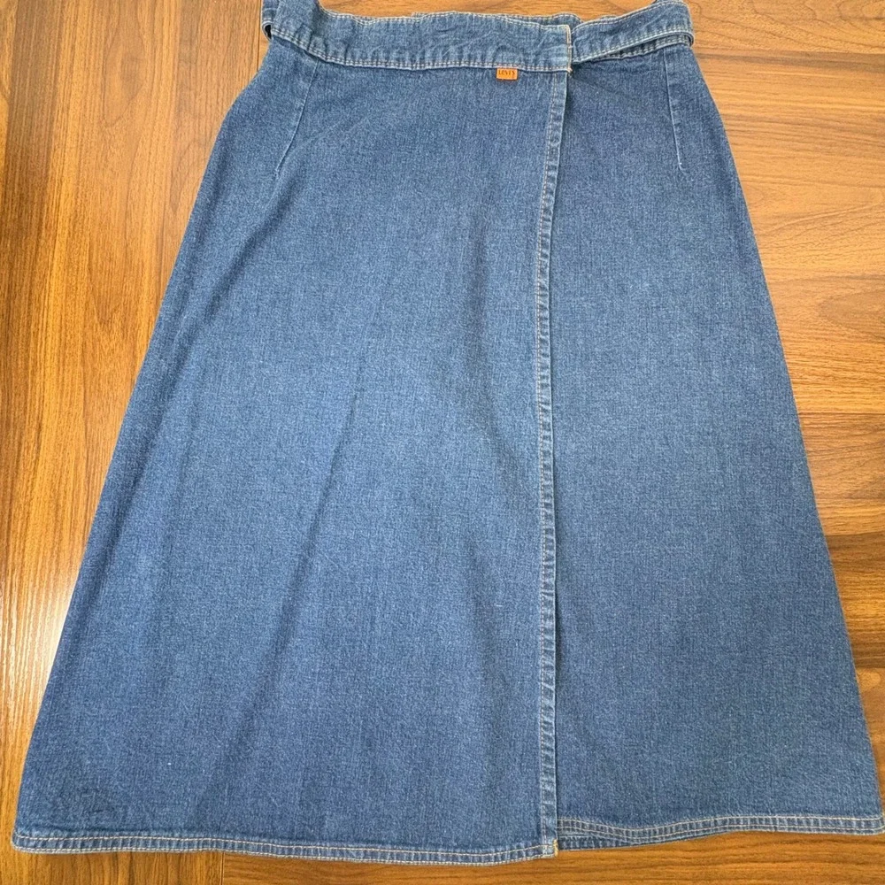 Vintage 70s Levi's Orange Tab Jean Denim Wrap Skirt 27 Blue Belted Midi A‎ Line